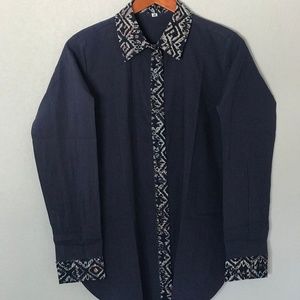 Button-up Dress Shirt With Block Print Trim